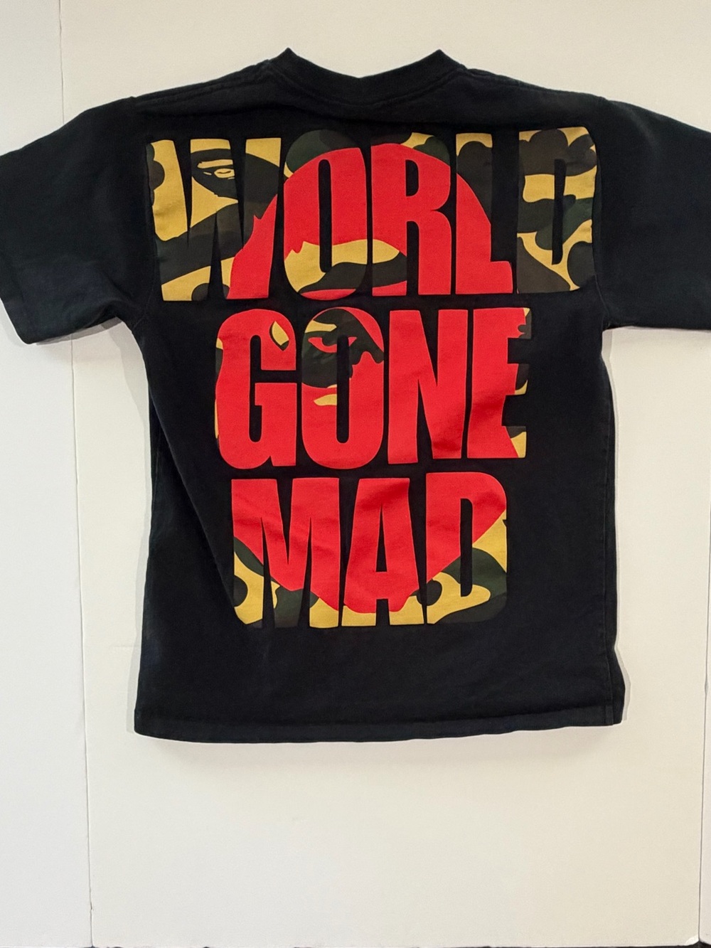 RARE A Bathing Ape “World Gone Mad” Camo Spellout Tee